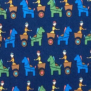 100% REAL HERMES TIE ~ NAVY BLUE w/ WHIMSICAL RED ROMAN CHARIOT RACERS & HORSES